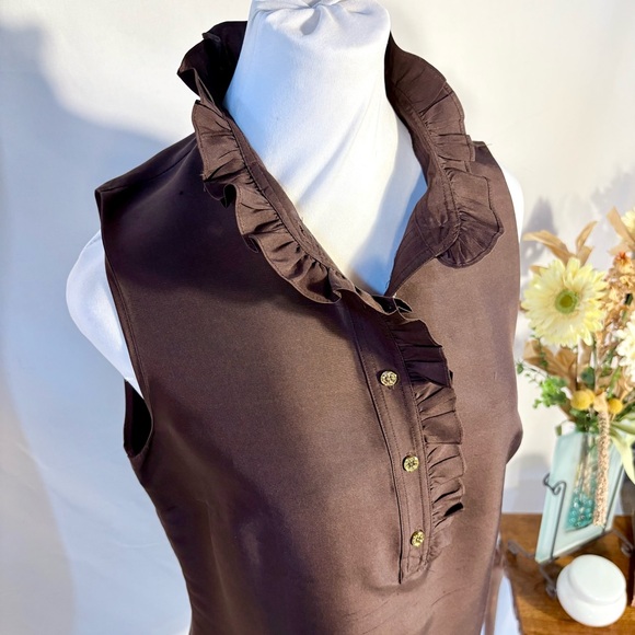 Tory Burch Silk Sleeveless Ruffle Blouse in Chocolate Brown Sz 8🧡 - Picture 4 of 10